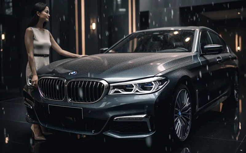 kobieta stojąca przy luksusowym samochodzie bmw